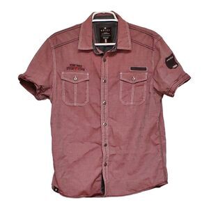 Noize Burgundy Button Shirt Mens Large Cotton Patch Short Sleeve